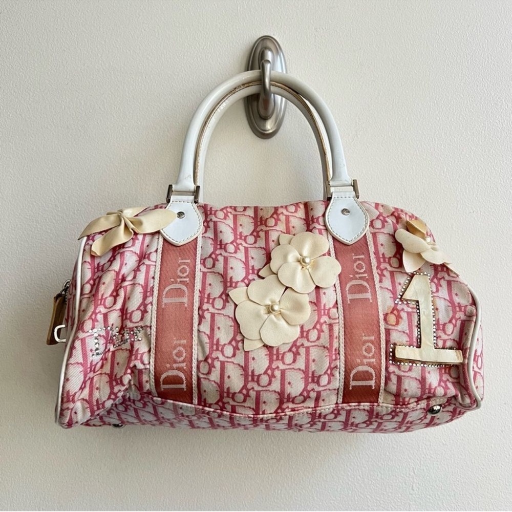 Vintage Christian Dior Pink and White Girly Oblique Canvas Trotter Boston Bag